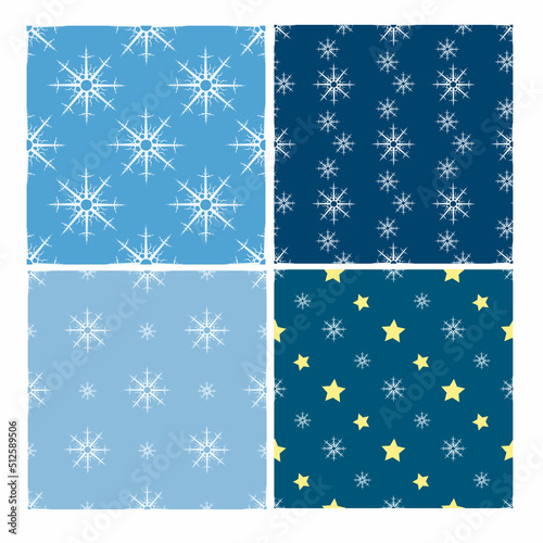 Set of seamless patterns with snowflakes on blue background. Vector image.