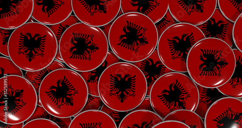 3D rendering of Albania flag pins on a wooden table for politics, support and nationalism