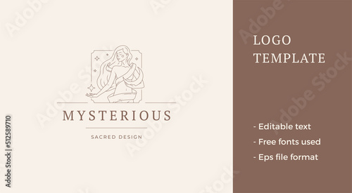 Medieval female goddess esoteric woman meditation spiritual practice harmony line art logo vector