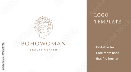 Elegant medieval female wreath hairstyle spring blossom flower design line art logo vector