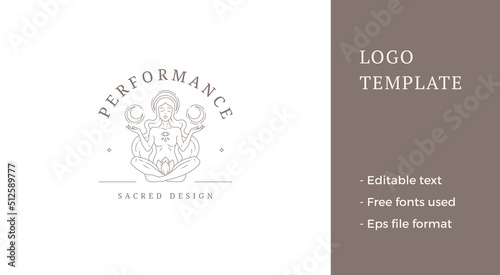 Silhouette esoteric meditation woman lotus posture with long hair half moon line art logo vector