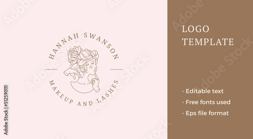 Antique female elegant hairstyle thinking with hand near mouth minimalist line logo vector