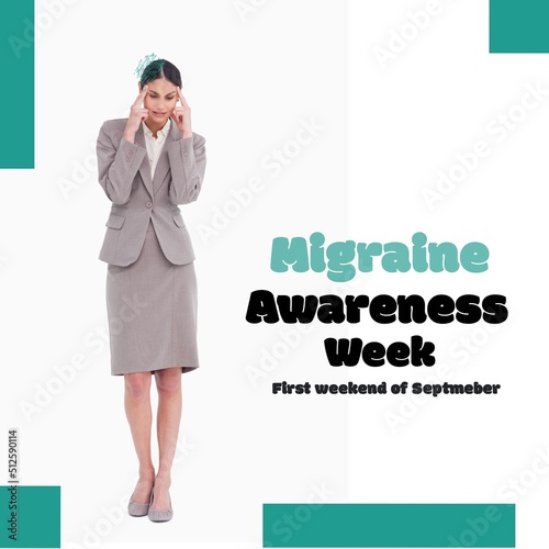 Caucasian businesswoman with headache and migraine awareness week, first weekend of september text