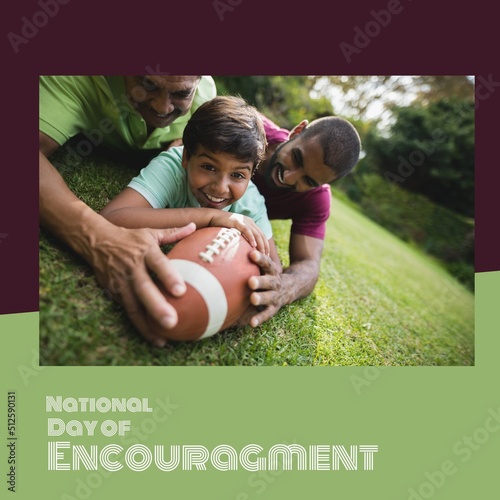 Happy biracial multigeneration family playing rugby in park and national day of encouragement text