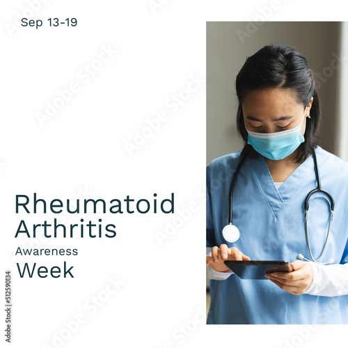 Composite of asian doctor using digital pc and sep 13-19, rheumatoid arthritis awareness week text