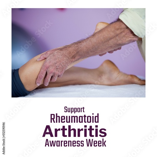 Hands of multiracial doctor massaging patient's leg and support rheumatoid arthritis awareness week