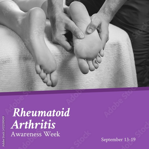 Biracial doctor massaging woman's foot and september 13-19, rheumatoid arthritis awareness week text