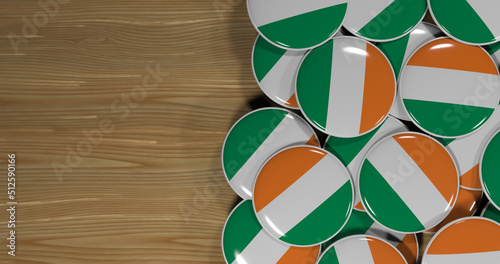 3D rendering of Irlandia flag pins on a wooden table for politics, support and nationalism