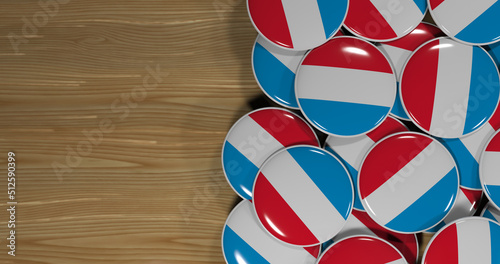 3D rendering of Luksemburg flag pins on a wooden table for politics, support and nationalism