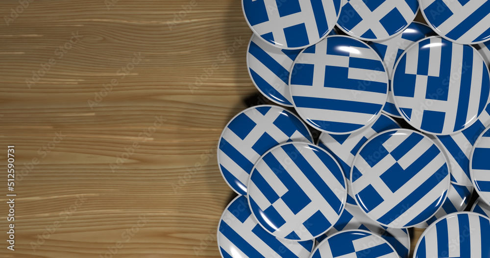 Obraz premium 3D rendering of Greece flag pins on a wooden table for politics, support and nationalism