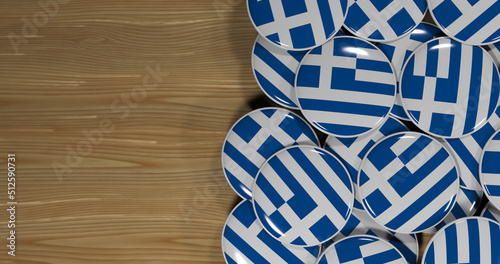 3D rendering of Greece flag pins on a wooden table for politics, support and nationalism