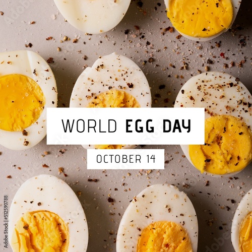 Boiled egg slices with pepper and salt and world egg day with october 14th text on table
