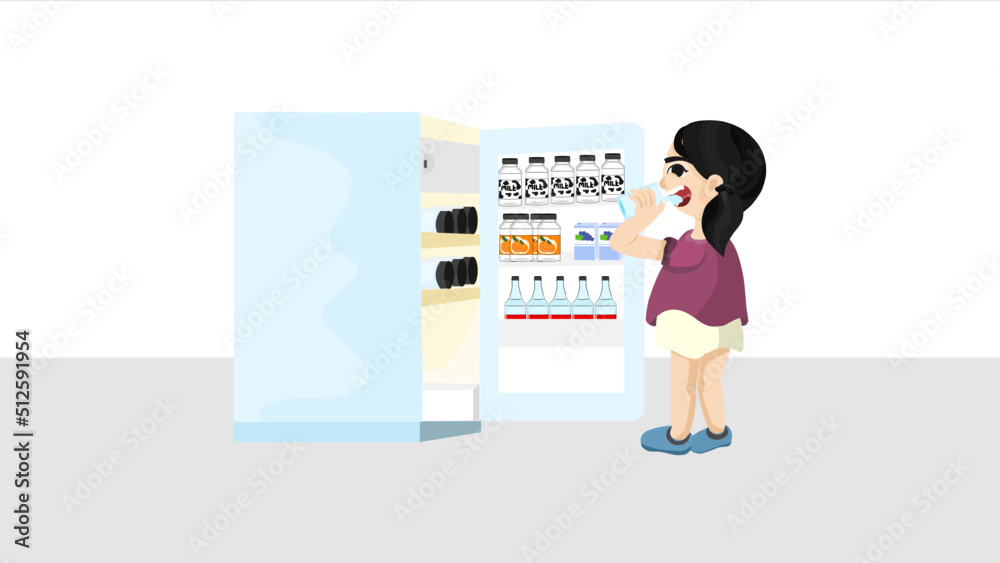 A girl drinking water in the refrigerator. A girl drinking water in the refrigerator.