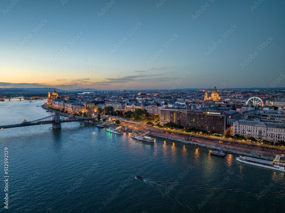 Hungary - Budapest at night from drone view