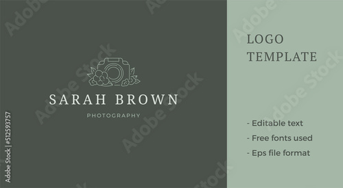 Simple retro photo video camera with natural blossom flower beauty blog line logo vector