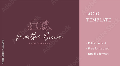 Minimalist vintage camera botanical blossom decor romantic feminine beauty blog line art logo vector © provectors