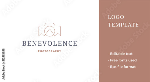 Minimalist photo video camera abstract mountain landscape travel adventure blog line art logo vector