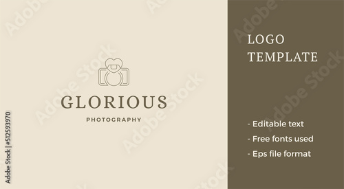 Minimalist romantic feminine retro camera beauty blog photo video multimedia line art logo vector