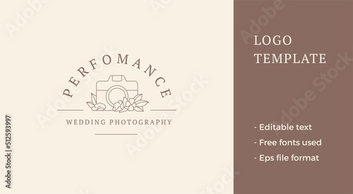 Feminine elegant photo video camera botanical blossom decorative design line art logo vector