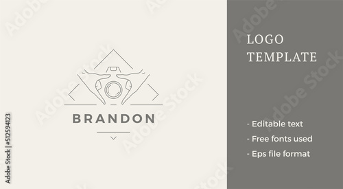 Fashion photographer line logo abstract photo video camera with human hands geometric vector