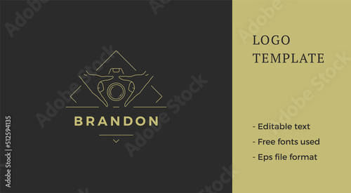 Fashion photographer line logo abstract photo video camera with human hands geometric vector