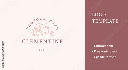 Monochrome photo camera lens botanical blossom line art logo isometric vector illustration
