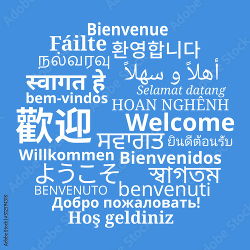 Composition of "Welcome" messages in world different written languages, White texts on Blue background