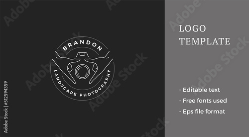 Minimalist human hands holding camera lens shutter circle line art logo with place for text vector