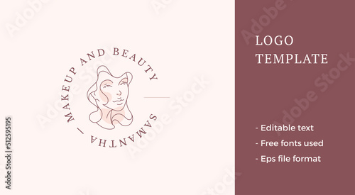 Elegant female face continuous line circle logo with place for text vector illustration
