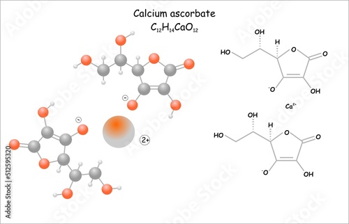 Stylized molecule model/structural formula of calcium ascorbate.