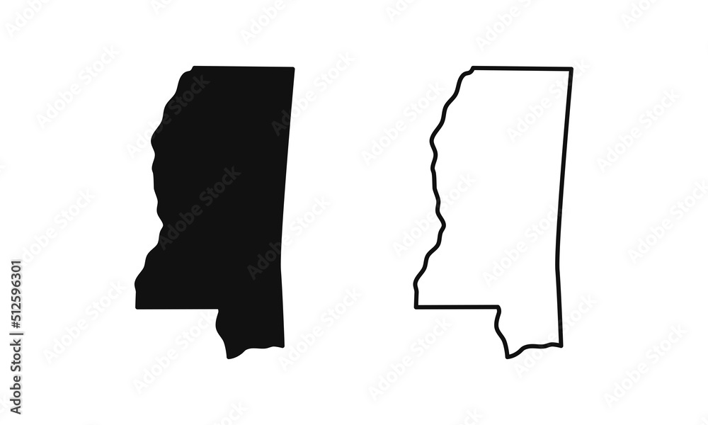 Mississippi outline state of USA. Map in black and white color options