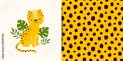 Vector collection - print with cute cheetah character plus seamless pattern with animal skins