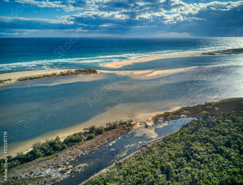 Aerial view over the mouth of the Snowy River later in the afternoon, Gippsland, Victoria, Australia, December 2020