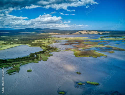 Aerial photo of the flood plains of the Lake Curlip Wildlife Reserve, alongside the Snowy River, near Marlo, in Gippsland, Victoria, Australia, December 2020
