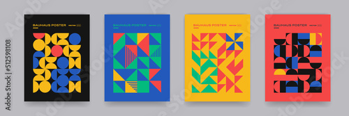 Bauhaus geometric pattern background, vector abstract circle, triangle and square lines art. Yellow, blue, red and green color, trendy Bauhaus pattern backgrounds set