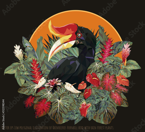 Vector eps Low polygonal illustration of Rhinoceros Hornbill bird with rain forest plants.