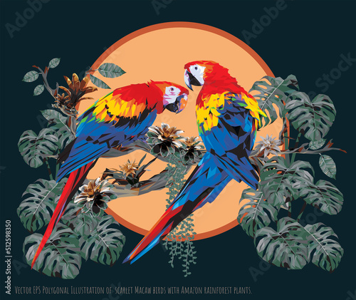 Vector EPS Polygonal Illustration of  scarlet Macaw birds with Amazon rainforest plants.