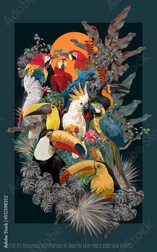 Vector EPS Polygonal Illustration of Amazon rain forest birds and plants.