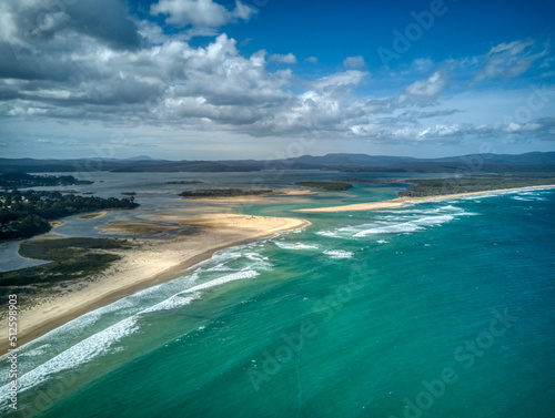 Aerial view over the Mallacoota Inlet and mouth of the Wallagaraugh River, eastern Victoria, Australia, December 2020, Australia.