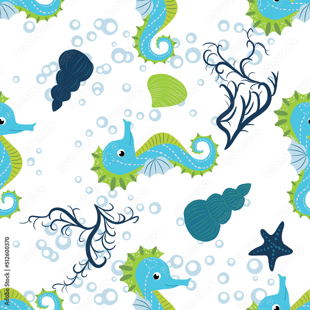 Cute seahorses cartoon seamless pattern. Hand drawn ocean animals. Nautical beach, Sea life fun underwater