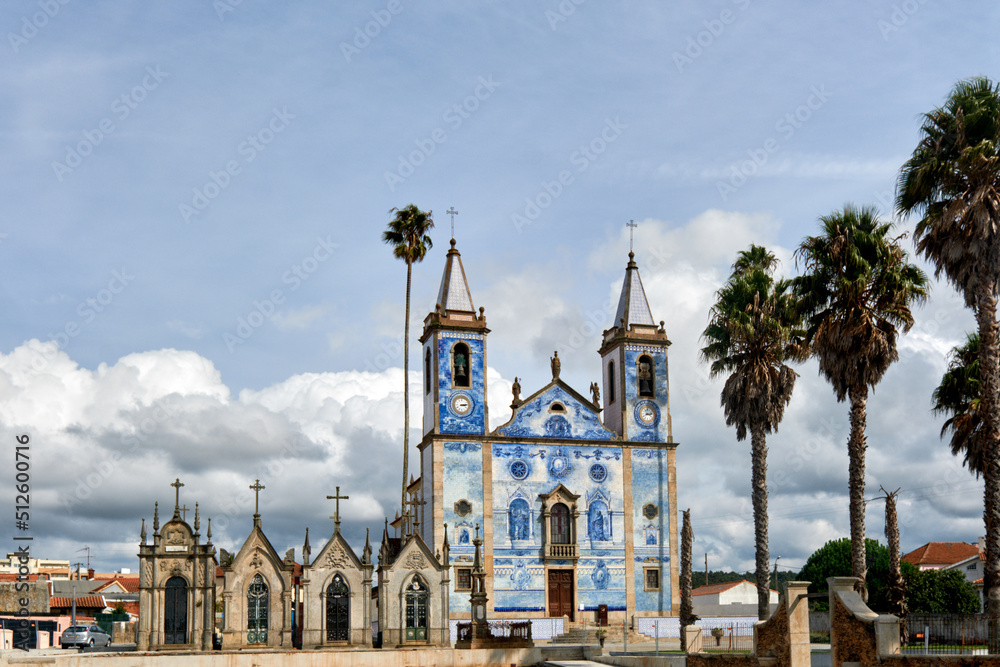 chapel of the cemetery and the facade covered with azulejos of the church Santa Marinha in Cortegaca, Ovar district, Portugal