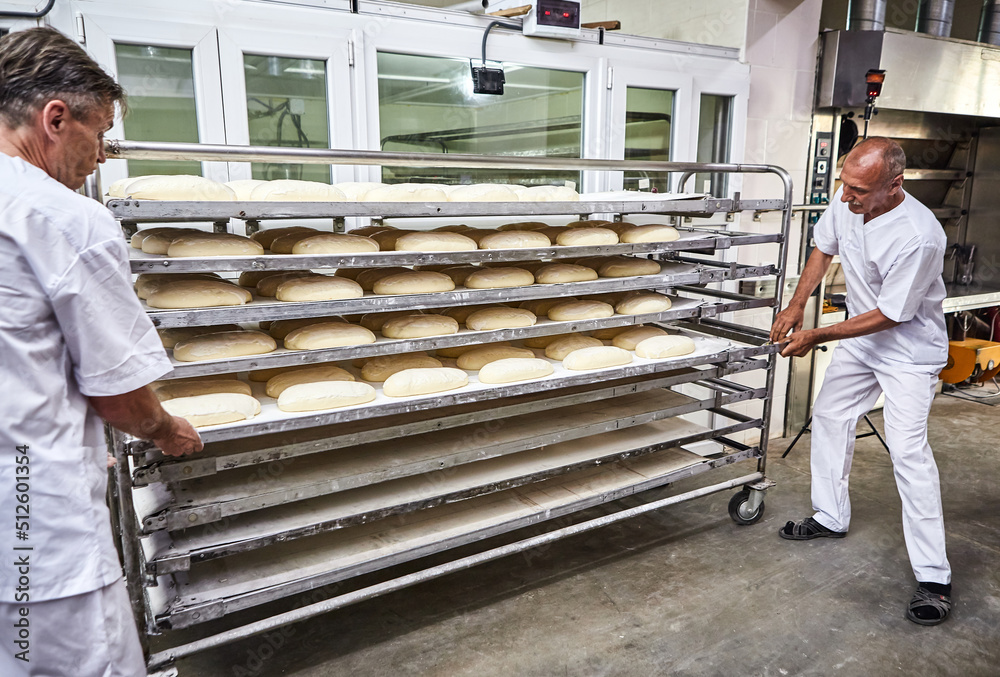 Professional baker in uniform inserts cart with decks for baking raw dough to make bread in an industrial oven in a bakery