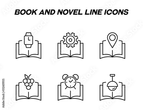 Book, reading, education and novel concept. Vector signs in flat style. Set of line icons of clock, gear, geotag, grape, vine, alarm clock, lamp over book