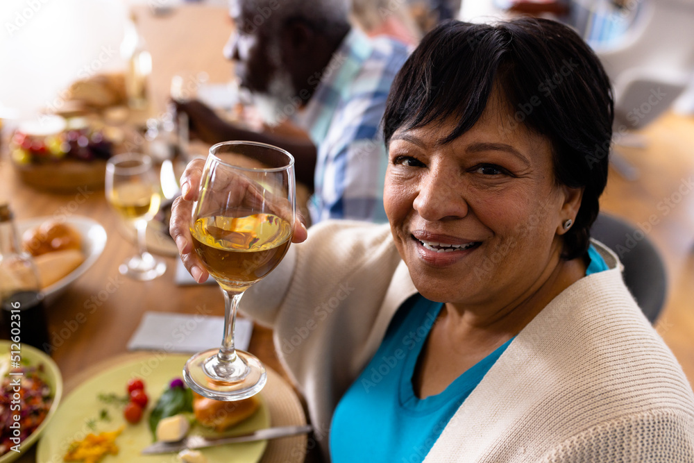Portrait of multiracial senior woman enjoying wine while having lunch with friend at dining table Portrait of multiracial senior woman enjoying wine while having lunch with friend at dining table