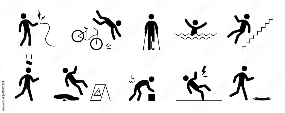 Accident pictogram man icon. Slipping fall, bike accedent, electric shock pictogram sign set. Warning, danger icon stick man vector illustration.