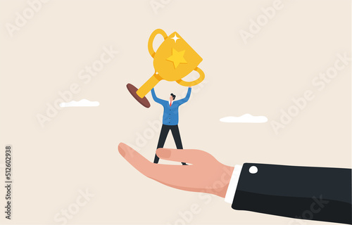 Success acquired through support. Motivation from work. Promotion in a career. boss support or to work together. Businessman stands holding a trophy in a giant hand.