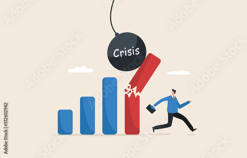 Stock volatility market crash, crisis or depression, investment risk or price. .Businessman investors escape the broken bar chart.