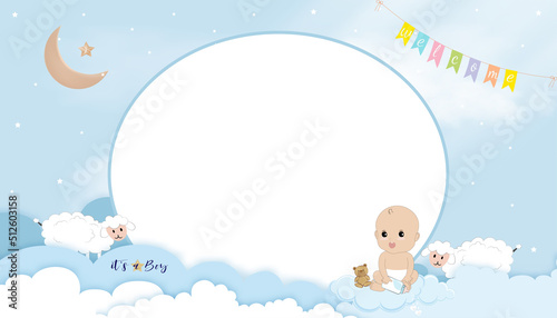 Baby shower invitation with Cute little boy holding milk bottle sitting with teddy bear,Paper art cloudscape, Crescent Moon,Star on blue background,Vector card with copy space for Baby's photo