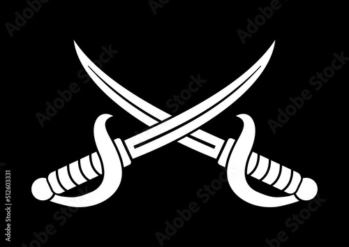 Cross cutlass for pirate eye patch or flag badge vector illustration. Corsair sword saber sword symbol isolated on black background.