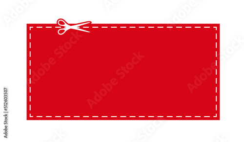 Scissors cut red coupon dotted line with dash icon. Shear crop rectangle shape voucher for gift code or offer discount along the guide line border. Vector flat illustation.